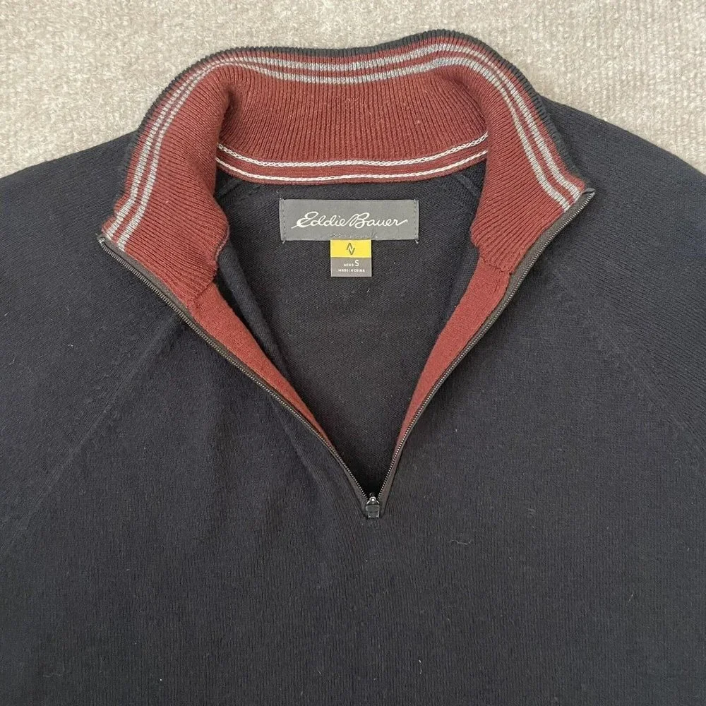 Eddie Bauer Sweater Mens Small Black Quarter Zip Pullover Cotton Cashmere Shirt